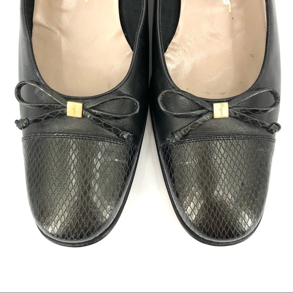 Ferragamo Black Leather Reptile Embossed Cap Toe‎ Bow Front Low Pump Size 10 4A - Picture 6 of 8